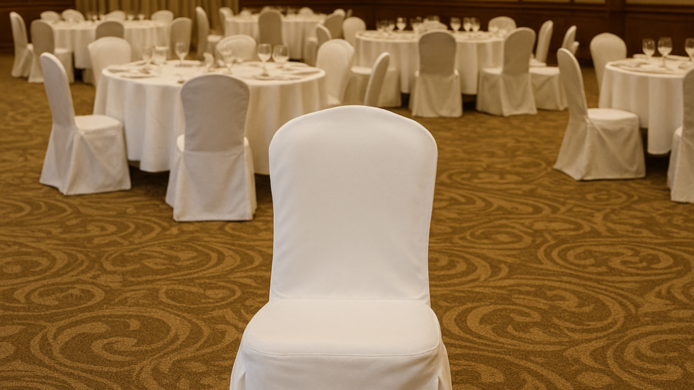 Elegant chair covers designed for weddings, gala dinners, and conferences — transforming standard seating into stylish hospitality statements.