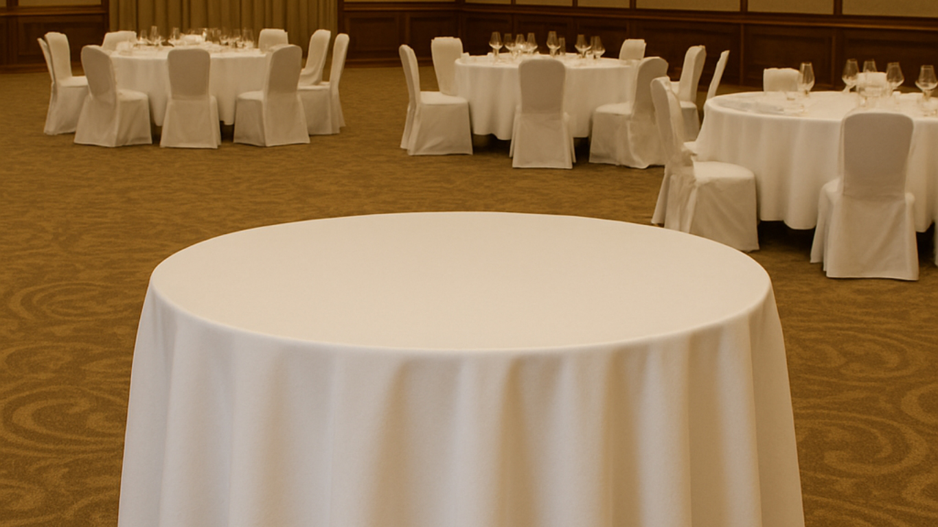 Table cover customized to fit round, rectangular, or banquet tables — ideal for event venues and restaurants seeking a polished, professional presentation.